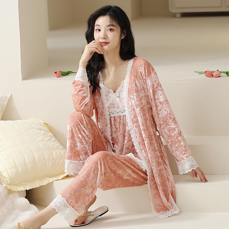 春秋冬款睡衣女冬季长袖薄款金丝绒新款性感网红v领套装1881