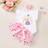 Conjunto de Roupa Infantil Transfronteiriço: Roupas de Bebê para Primavera com Mangas Bufantes, Macacão de Bolinhas, Saia, Acessórios de Cabelo, Meias, Roupa de Festa