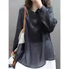 283 # Camiseta lisa de manga larga con cuello redondo de algodón y lino para mujer, ligera para primavera-verano, vestido camisa top de algodón y lino de longitud media