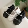 2025 Novo Estilo Outono Renda Laço Fivela Coração Pérola Elegante Fashionável Salto Grosso Mary Jane Sapatos Pequenos de Couro