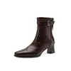 Botines Elegantes para el Trabajo con Tacón Grueso Texturizado de 5.5 cm Punta Cuadrada Botas Delgadas Marrón Vintage Cuero Suave Botas de Tacón Alto de Caballero