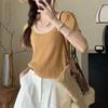 Camiseta de manga corta de punto con contraste de color para mujer, nueva camiseta de verano de cuello redondo de seda helada, corte entallado, estilo francés, única y elegante.