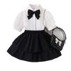Conjunto de Verão Europeu e Americano Estilo College para Meninas, Camisa com Gola Lapela e Laço Preto, Saia Preta, Conjunto de Duas Peças