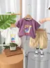2025 Nuevo Verano Niños Cuello Redondo Estampado de Caricaturas con Letras Manga Corta Traje de Shorts Casual Fabricante Mayorista