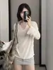 Camisa feminina fina de outono, estilo francês, decote V transparente, manga longa, protetor solar, solta e elegante, top puro e sensual
