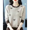 26 Suéter de Punto para Mujer Otoño/Invierno con Jacquard de Mariposa, Bloques de Color Cuello Redondo, Elegante y de Moda, Jersey Pullover de Manga Larga que Reduce la Edad