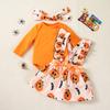 Conjunto de Saia de Halloween para Bebê Menina Vestido Triângulo de Manga Comprida Babados Estampa de Abóbora Saia Suspensório Roupa de Festa