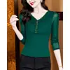 Camisa de moda con cuello en V ajustada, temperamento, manga larga, base de malla, camiseta corta sexy para mujer, otoño