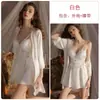 Conjunto de Camisola de Satén Rosa Sexy con Espalda Abierta Transparente de Encaje Ceñidor de Cintura Atado Acolchado Fruncido Bata de Dormir 5275