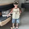 Conjunto de Verano de Manga Corta para Niños, Atuendo Casual Elegante de Dos Piezas para Niños con Lazos, Ropa de Calle de Verano para Niños Pequeños, Comercio Exterior