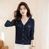 Cárdigan de punto de manga larga de seda helada directo de fábrica para mujer, Camiseta básica de punto con cuello en V, Chaqueta estilo Chanel con hilos brillantes