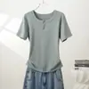 Camiseta versátil de verão, estilo minimalista, nova, com botões, gola redonda, manga curta, cor sólida, para mulheres, top base casual slim fit