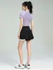 Traje de fitness de secado rápido para mujer para verano con cremallera, cuello alto, manga corta, malla transpirable, falso dos piezas de shorts, traje deportivo para correr