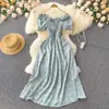 Vestido Floral Slim de Estilo Francês Retro Conto de Fadas, Fresco e Simples, com Cintura Alta, Cordão, Cintura Plissada e Barra Larga Evasê