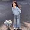 Conjunto de Chicas 2026 Estilo Universitario Top con Cuello Polo Jeans con Lazo Conjunto de Dos Piezas de Moda Tendencia