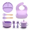 Atacado transfronteiriço louça infantil tigela complementar prato de silicone garfo colher de bebê babador conjunto de 8 peças de produtos anti-queda para maternidade e infância