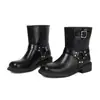 Botines de Cuña Baja Cuadrados con Tira Cruzada Otoño/Invierno Botas de Cuero para Mujer de Talla Grande Versátiles Tacón Bajo Slip-on Tacón Cuadrado Ligeros Botas Martin de Comercio Exterior