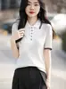 Primavera de 2026 Novo Suéter de Tricô Color Block com Gola Polo de Manga Curta em Lã Feminino Camisa Básica Slimming de Manga Três Quartos