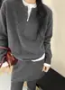 Ropa de Mujer Transfronteriza Retro Elegante de Alta Gama Suéter Tejido con Cremallera Media Otoño e Invierno Falda Media Traje de Dos Piezas Falda para Mujer
