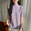 Diseñado con Sentido del Estilo, Este Top de Punto con Lentejuelas de Cuello Semi-Alto y Manga Corta para Mujer es una Nueva Camisa Base Ajustada de Manga Corta para Primavera/Verano