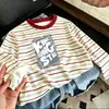 Camiseta de Manga Larga a Rayas de Algodón Puro, Nueva Moda Primavera y Otoño para Niños, Estilosa y de Corte Holgado, Camiseta Básica Versátil para Niños Mayores