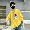 Camiseta casual de manga longa estilo coreano para meninos, 100% algodão, coleção primavera/outono 2026, gola redonda, corte solto, moderna