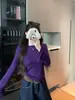 Blusa de tricô de manga longa com manga sino para mulheres nas cores azul, roxo, amarelo, rosa, branco, preto e café