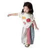 Conjunto de Verano Nuevo Estilo Coreano para Niñas Ningli Camiseta de Manga Corta de Dibujos Animados de Moda Pantalones Largos a Cuadros con Bloques de Color