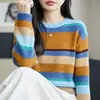 Nueva Colección Otoño/Invierno 2026: Suéter de punto para mujer de manga larga y cuello redondo con rayas de hilo de colores, jersey de ajuste holgado como capa base