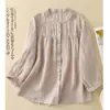 Primavera e Verão Plus Size Soltinho Emagrecedor Casual Algodão Linho Manga Três Quartos Moda Cor Sólida Camisa Top Atacado