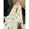 Conjunto de pijama cárdigan con estampado floral suave y retro estilo coreano para mujer, adecuado para usar en otoño, de manga larga, pierna larga, corte holgado para estar en casa