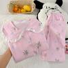 Pijama de Algodão Nuvem para Mulheres, Novo Estilo Primavera e Outono, Gola Peter Pan, Manga Longa, Conjunto de Homewear Floral de Alta Qualidade, Fotos Reais, Atacado