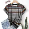 Camiseta Feminina Transfronteiriça Retrô Boêmia Verão Nova Gola Redonda Estampada Manga Curta Tecido Respirável Leve Casual