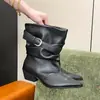 Botas de Tacón Grueso para Tallas Grandes con Fruncidos para Mujer 2026 Nuevo Otoño Invierno Retro Versátil Punta Puntiaguda Hebilla Adelgazantes Botas de Vaquero Occidentales