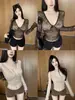 Camiseta Sexy de Malla con Manga Larga y Encaje Nuevo Otoño/Invierno Estilo Puro Deseo Cuello en V Moño Adelgazante Top Exterior Chica Caliente