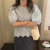 Han Feng Chic Puff Sleeve Top Feminino Novo Design Sense Niche Chic Bordado Flor Solta Camisa