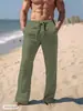 Pantalones de Algodón y Lino para Hombre Pantalones de Verano Pantalones de Playa Cordón Cintura Elástica Rectos Planos Cómodos Transpirables Casual