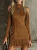Vestido Feminino Sexy Fashion de Franjas Estilo Western Ombro a Ombro Slim Fit Transfronteiriço Europeu e Americano Novo em Camurça Sintética