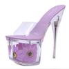 Sapatos transparentes de cristal plus size salto agulha plataforma à prova d'água bico de peixe sandálias florais salto alto modelo sapatos de dança atacado transfronteiriço