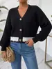 Suéter de tricô europeu e americano transfronteiriço feminino, nova coleção outono/inverno, cardigã simples de renda com retalhos estilo curto
