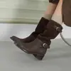 Botas Chelsea estilo británico sin cordones con hebilla tacón grueso punta redonda caña media otoño e invierno comercio exterior transfronterizo Botas Western mujer