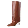 Botas de Caballero de Piel de Vaca de Primera Capa para Mujer, Caña Ancha, Botas Altas, Otoño Invierno Nuevas, Punta Cuadrada, Tacón de Aguja, Botas de Poner, Mujer