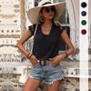 Bai Fen Zhi YiAmazon Verano Europeo y Americano Casual Simple Elegante Encaje Espalda Descubierta Cuello en V Color Sólido Camisa de Mujer
