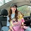 Camiseta de Manga Corta de Algodón Puro con Gradiente de Bloques de Color de Moda para Mujer Estilo Dibujos Animados Americanos Graffiti Top Casual de Longitud Media