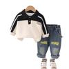 Traje de Primavera para Niños 2025 Nuevo Bebé Niños Combinación de Colores Otoñales Solapa de Botones Manga Larga Camisa POLO Conjunto de Dos Piezas