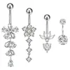 Novo Produto de E-commerce Transfronteiriço: Conjunto de 4 Peças de Piercing de Umbigo, Piercings de Umbigo com Zircônia em Formato de Flor, Barbell de Umbigo em Aço Inoxidável