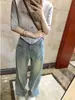 Jeans rectos retro de estilo americano con borde deshilachado para mujer, nueva colección primavera/otoño, de cintura alta, talla grande, corte holgado y pierna ancha con caída fluida
