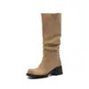 Botas de gamuza desgastada para mujer, nuevo estilo otoño e invierno, punta redonda, tacón medio grueso, botas altas hasta la rodilla sin cordones