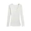 Camiseta Tendência Slim Fit com Decote Coração Manga Longa para Mulheres, Top Versátil Fino Slim para Primavera, Camisa Básica de Cor Sólida