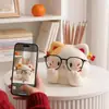 Portaplumas Multifuncional Creativo de Gato con Tres Flores, Soporte para Gafas, Papelería para Estudiantes, Organizador de Escritorio de Gran Capacidad, Adorno Decorativo de Resina
